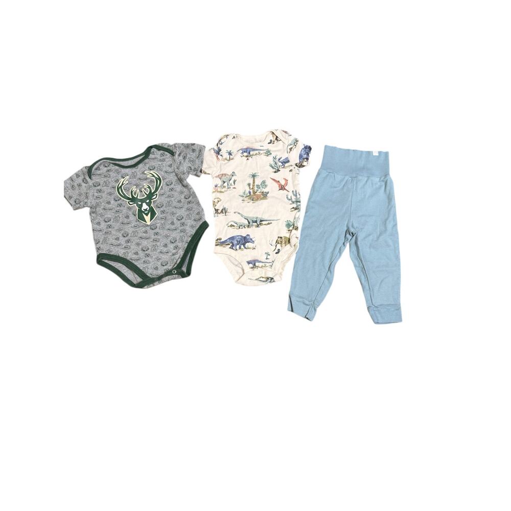 Baby Clothing Bundle – 12M – Little Planet Organic Dino Set + NBA Bucks Onesie